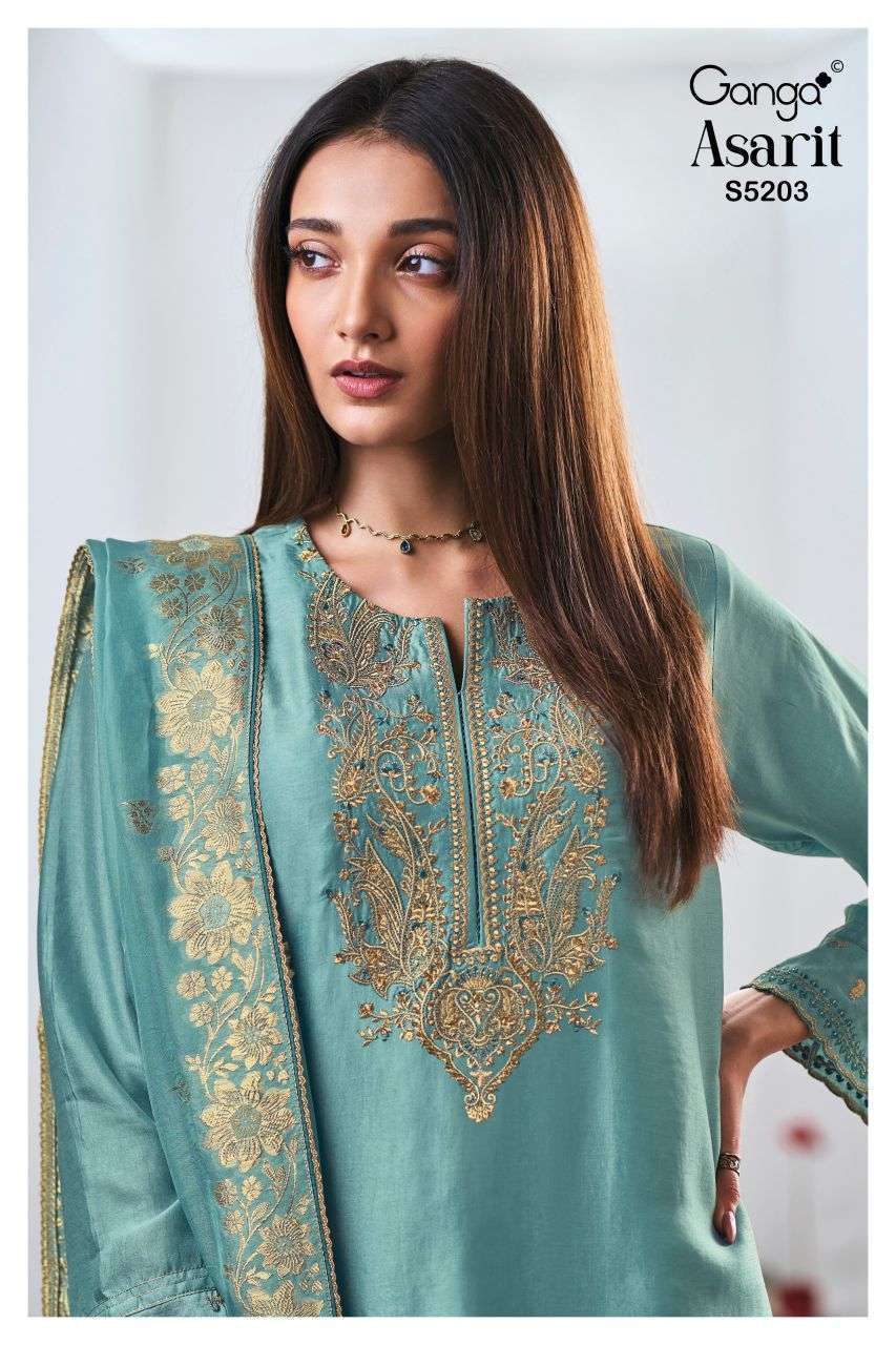 Ganga Asarit 5203 Bemberg Russian Silk Embroidered Salwar Wholesale Catalogue