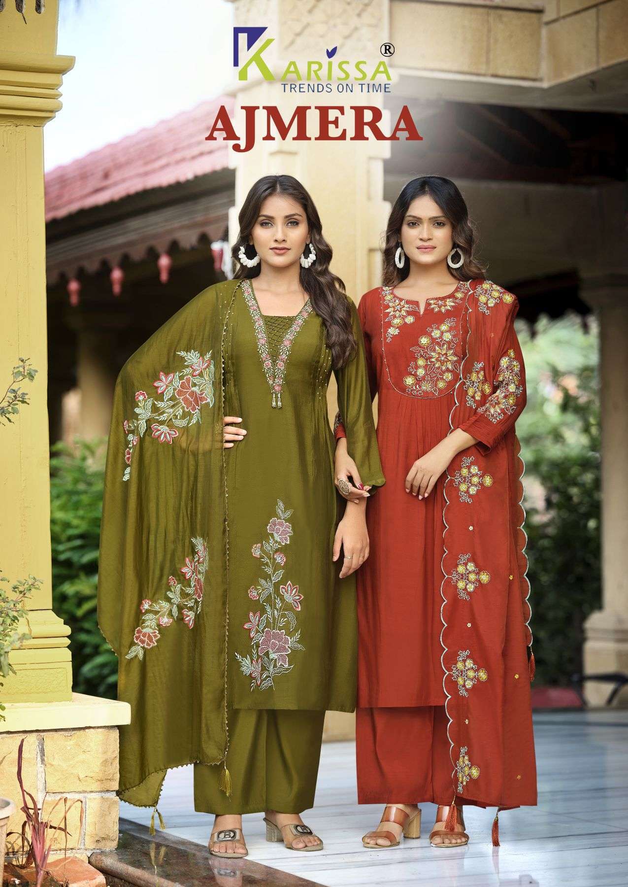 Karissa ajmera viscose mal chanderi with fancy work readymade collection