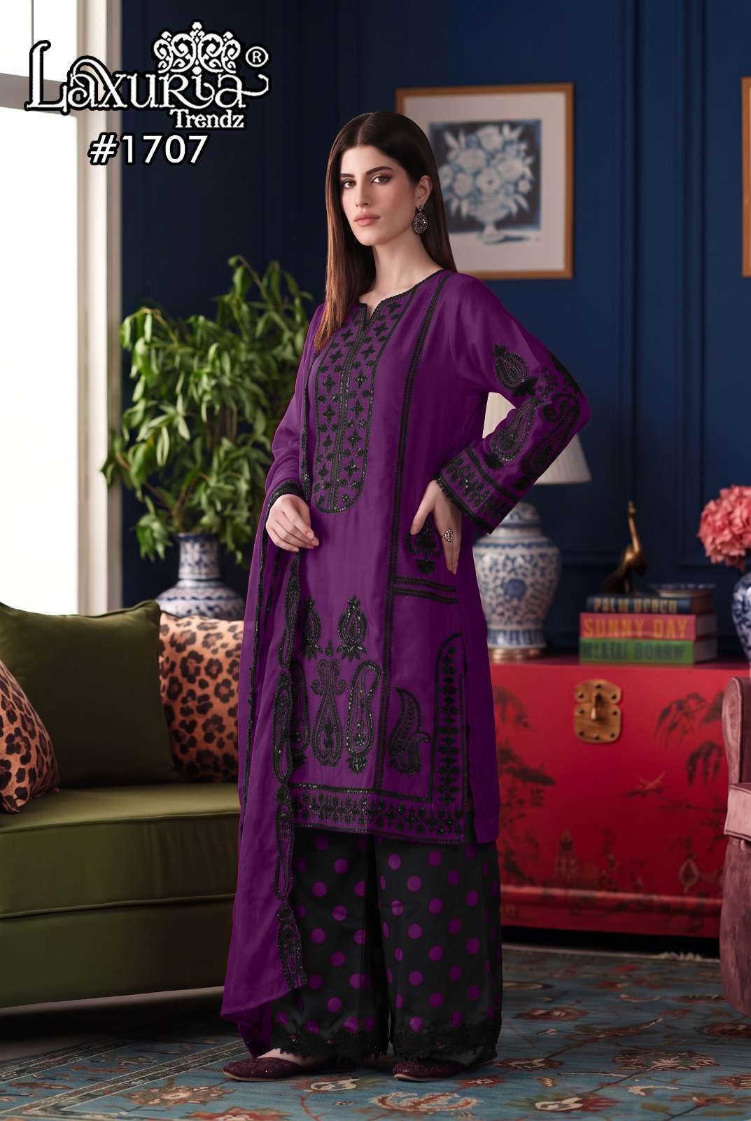 Laxuria Trends 1707 Georgette Satin With Fancy Work Readymade Suit Supplier Exporters