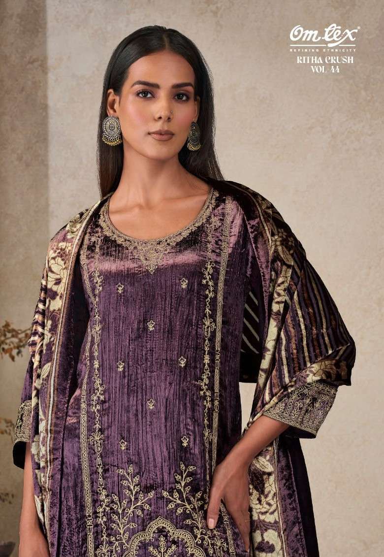 Omtex Ritha Crush Vol-44 Velvet With Embroidered Salwar Kameez Wholesale Catalogue