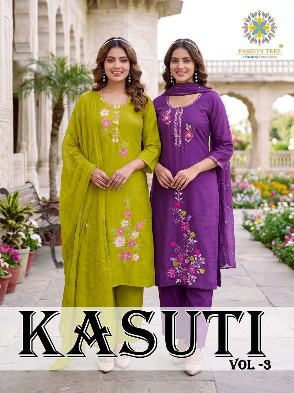 passion tree kasuti vol-3 mal chanderi embroidered salwar kameez supplier surat
