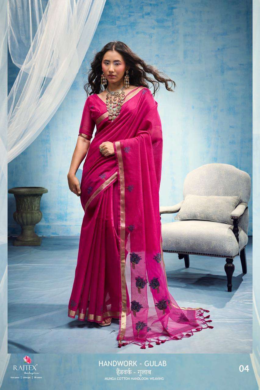 Rajtex Handwork Gulab Munga Cotton Saree Catalog Wholesaler Catalogue