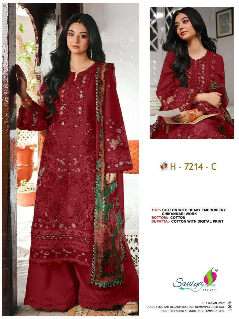 Saniya Trendz 7214 Cotton With Chikankari Embroidered Salwar Kameez Wholesale Catalogue