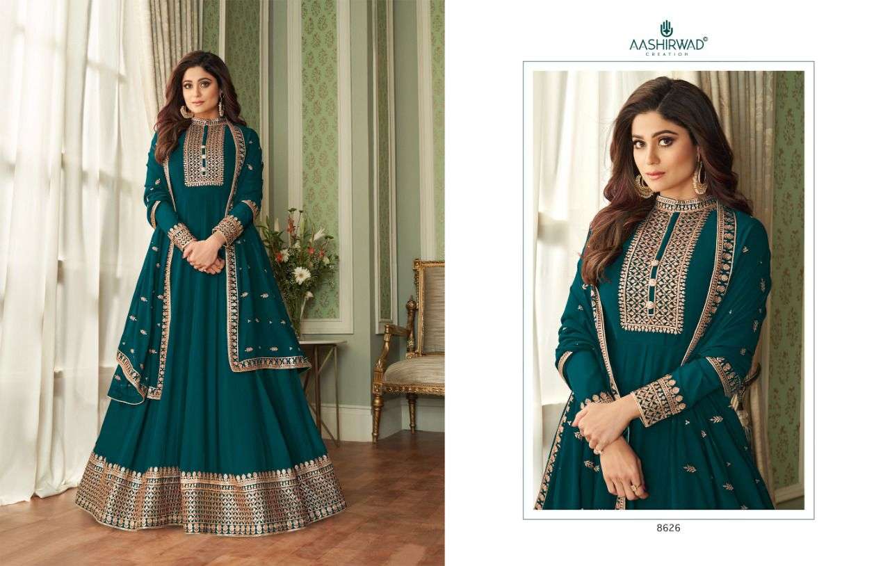 AASHIRWAD CREATION VIHANA GEORGETTE PARTY WEAR FREE SIZE LONG SALWER SUITS SUPPLIER WHOLESALE RATE 
