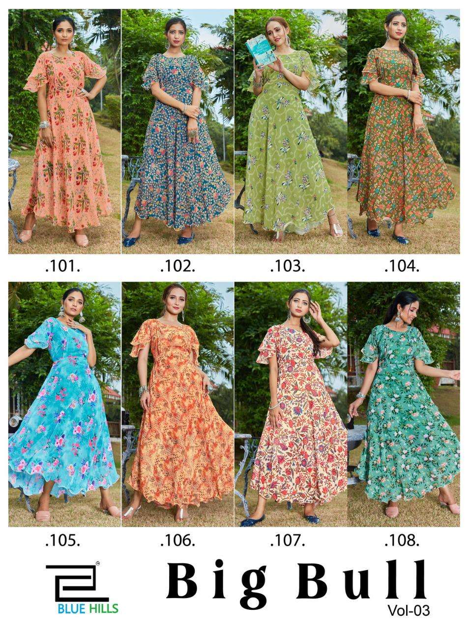   BLUE HILLS BIG BULL VOL 3 LONG GOWN STYLE DESIGNER KURTI CATALOGUE 