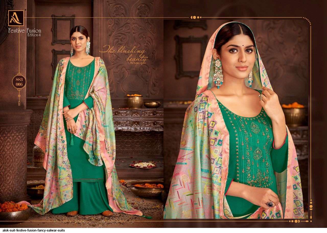ALOK SUITS FESTIVE FUSION PURE JAM COTTON FANCY WORK SUIT SUPPLIER IN SURAT MARKET