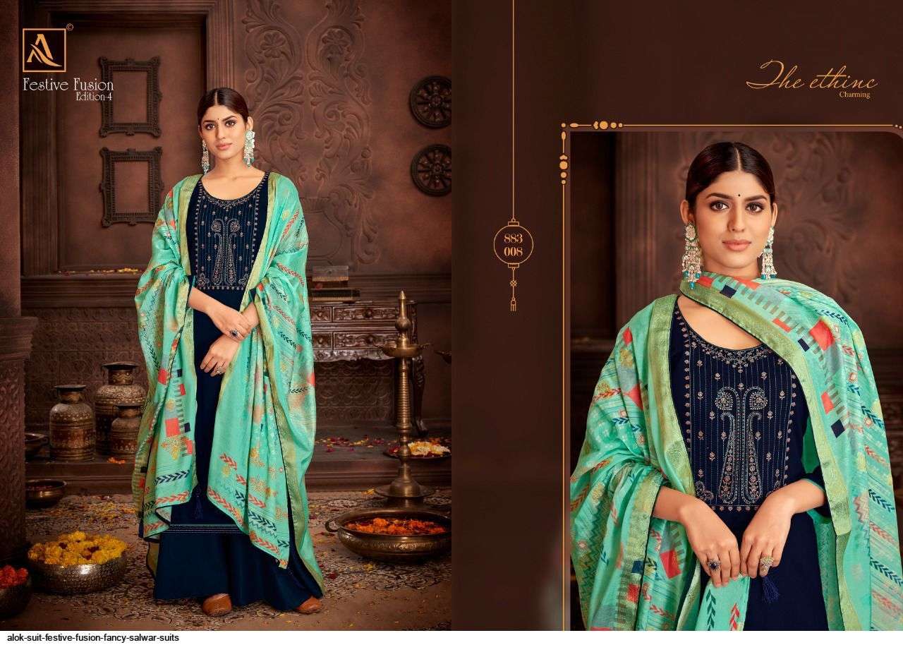 ALOK SUITS FESTIVE FUSION PURE JAM COTTON FANCY WORK SUIT SUPPLIER IN SURAT MARKET