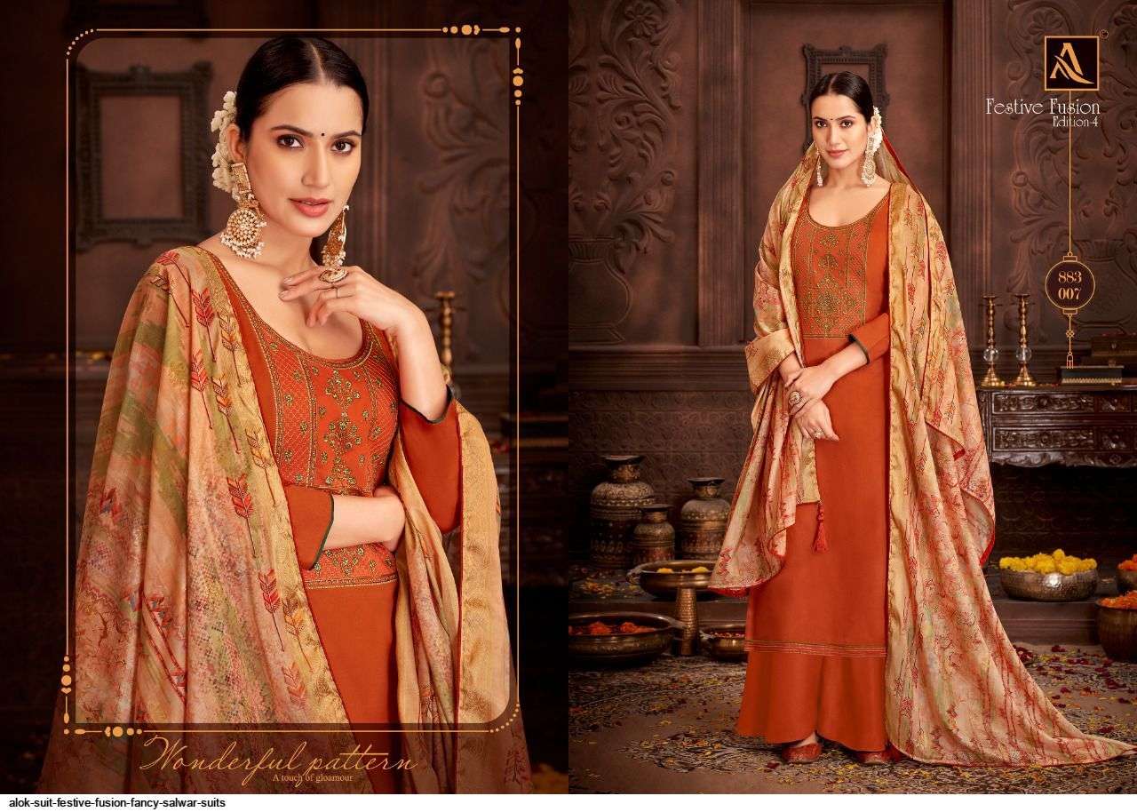 ALOK SUITS FESTIVE FUSION PURE JAM COTTON FANCY WORK SUIT SUPPLIER IN SURAT MARKET