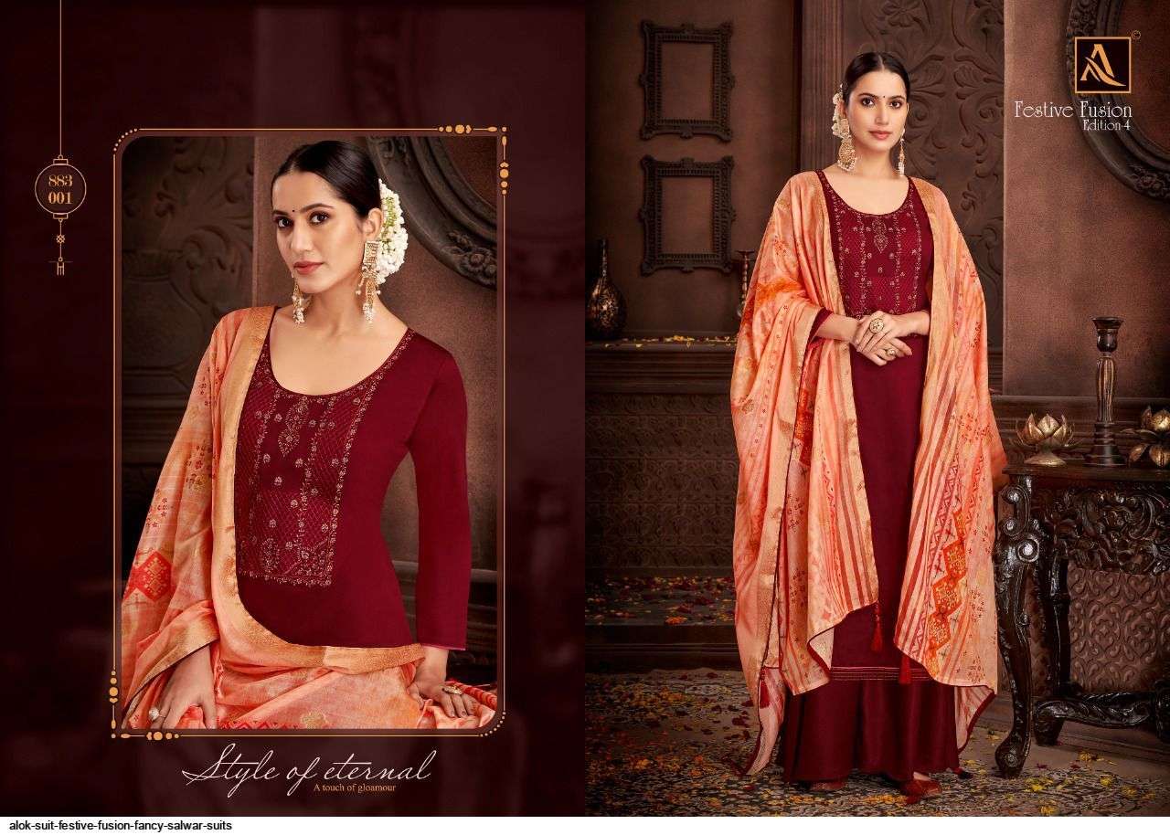 ALOK SUITS FESTIVE FUSION PURE JAM COTTON FANCY WORK SUIT SUPPLIER IN SURAT MARKET
