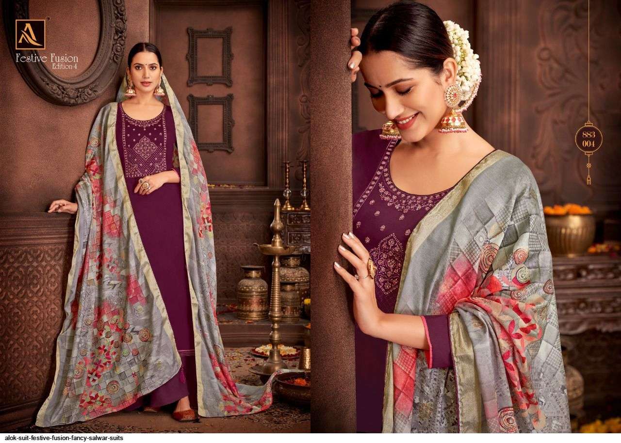 ALOK SUITS FESTIVE FUSION PURE JAM COTTON FANCY WORK SUIT SUPPLIER IN SURAT MARKET