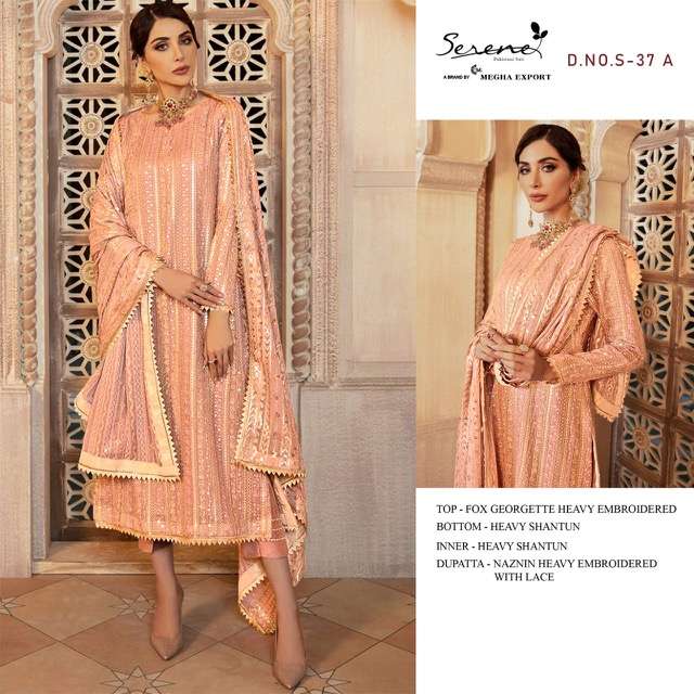 SERENE LATEST CATALOGUE S37 DESIGNER PARTY WEAR GEOREGETTE PARTY WEAR PAKISTANI SUIT WHOLESALER IN SURAT 