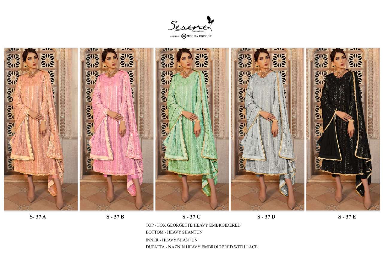 SERENE LATEST CATALOGUE S37 DESIGNER PARTY WEAR GEOREGETTE PARTY WEAR PAKISTANI SUIT WHOLESALER IN SURAT 