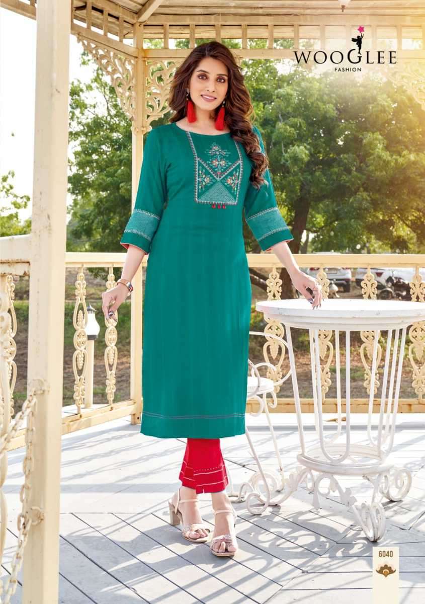 WOOGLEE  KESAR VOL 6 NAYLON VISCOSE DESIGNER WORK KURTI COLLECTION SUPPLIER WHOLESALE CATALOGUE 
