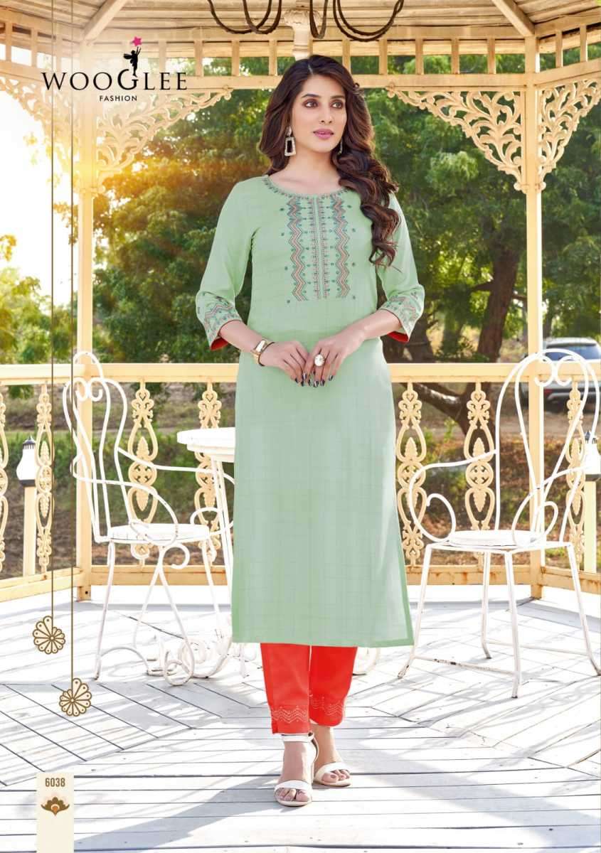 WOOGLEE  KESAR VOL 6 NAYLON VISCOSE DESIGNER WORK KURTI COLLECTION SUPPLIER WHOLESALE CATALOGUE 