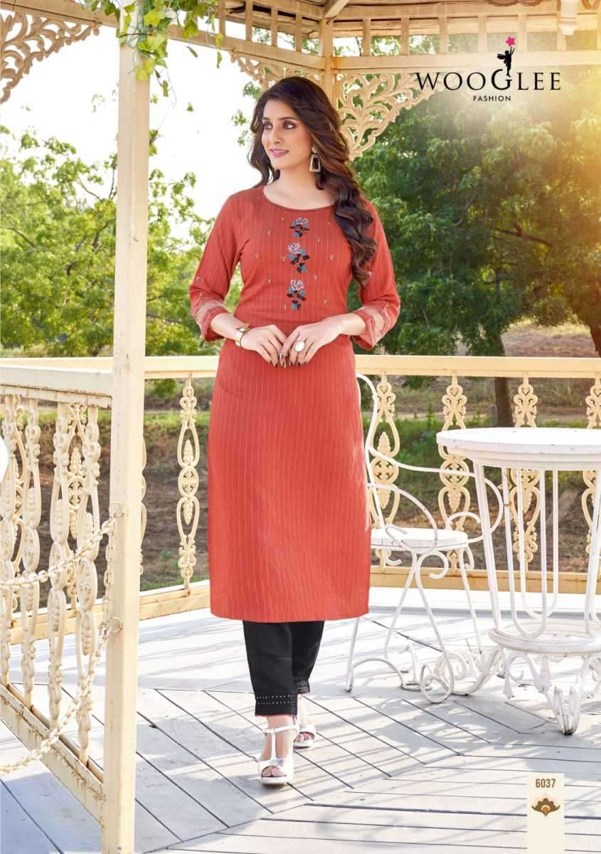 WOOGLEE  KESAR VOL 6 NAYLON VISCOSE DESIGNER WORK KURTI COLLECTION SUPPLIER WHOLESALE CATALOGUE 