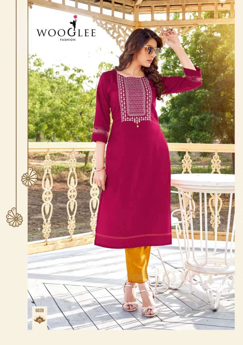 WOOGLEE  KESAR VOL 6 NAYLON VISCOSE DESIGNER WORK KURTI COLLECTION SUPPLIER WHOLESALE CATALOGUE 