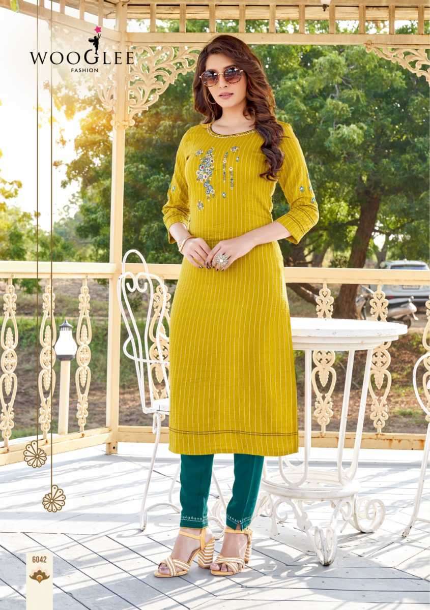 WOOGLEE  KESAR VOL 6 NAYLON VISCOSE DESIGNER WORK KURTI COLLECTION SUPPLIER WHOLESALE CATALOGUE 