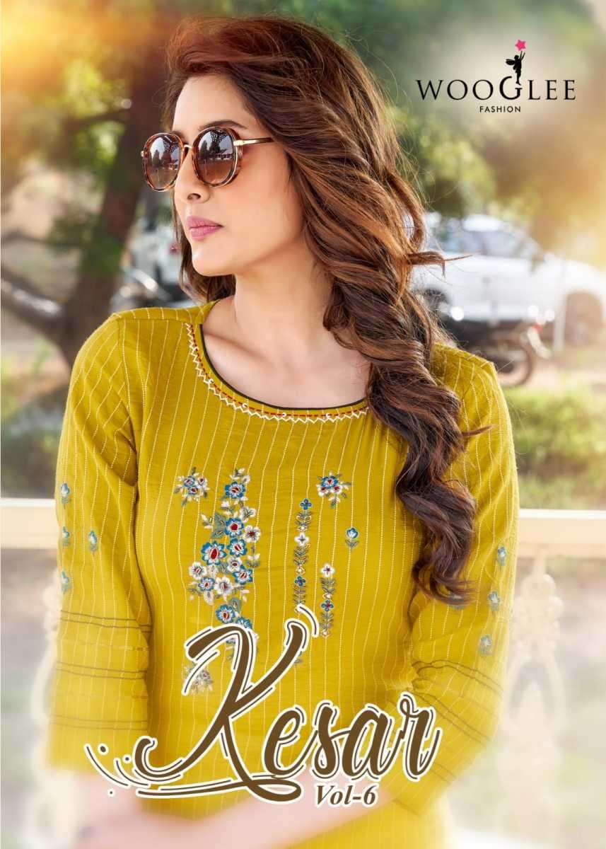 WOOGLEE  KESAR VOL 6 NAYLON VISCOSE DESIGNER WORK KURTI COLLECTION SUPPLIER WHOLESALE CATALOGUE 