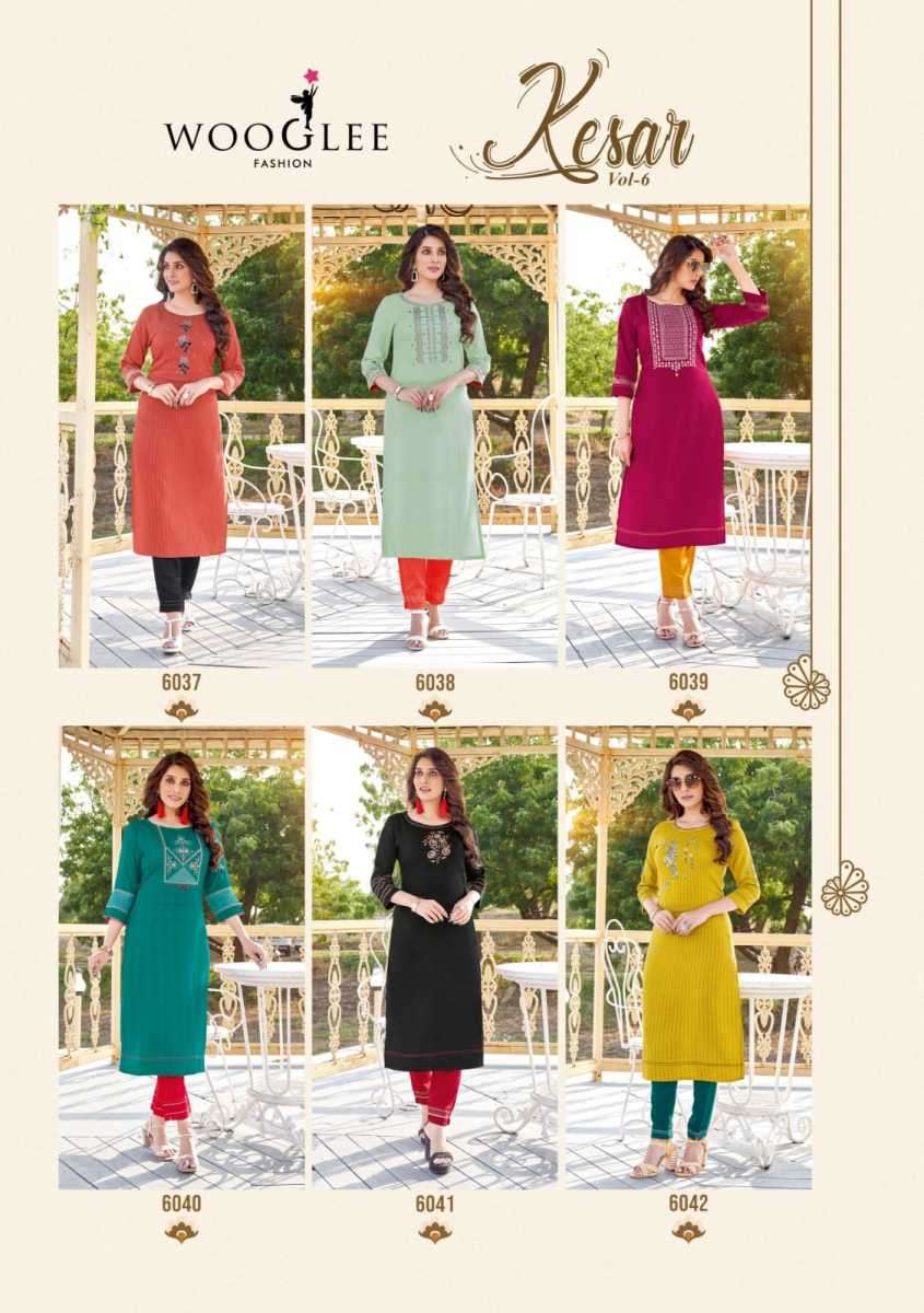 WOOGLEE  KESAR VOL 6 NAYLON VISCOSE DESIGNER WORK KURTI COLLECTION SUPPLIER WHOLESALE CATALOGUE 