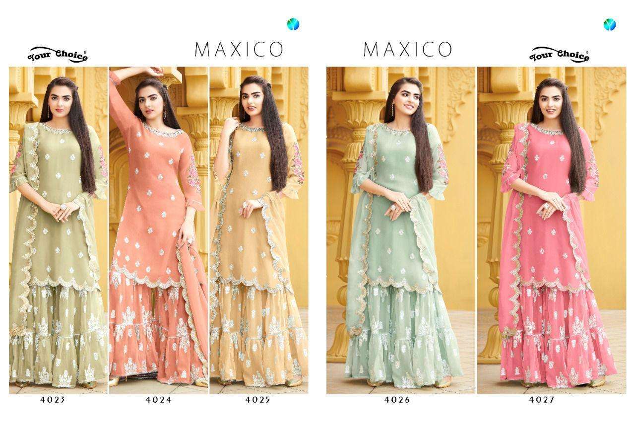 YOUR CHOICE MAXICO PURE GEORGETTE PARTY WEAR SHARARA  SUIT WHOLESALER IN SURAT MARKET 