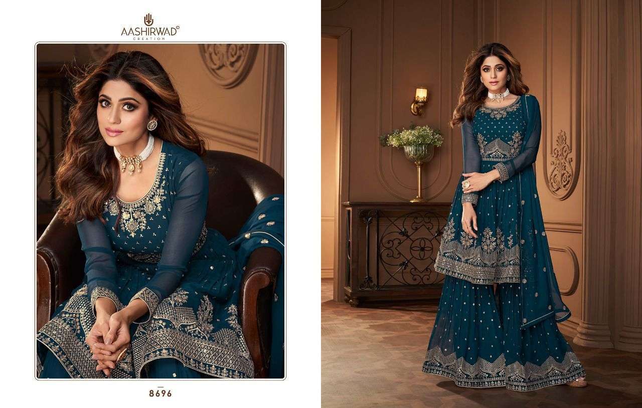 AASHIRWAD CREATION HEROINE REAL GEORGETTE HEAVY EMBRODERY WORK PARTY WEAR SHARARA SUIT CATALOGUE 