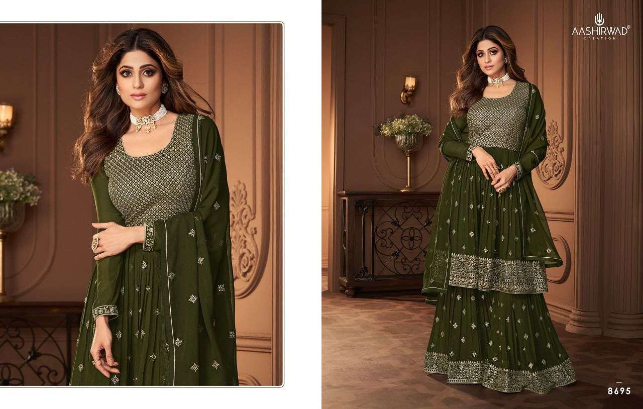 AASHIRWAD CREATION HEROINE REAL GEORGETTE HEAVY EMBRODERY WORK PARTY WEAR SHARARA SUIT CATALOGUE 