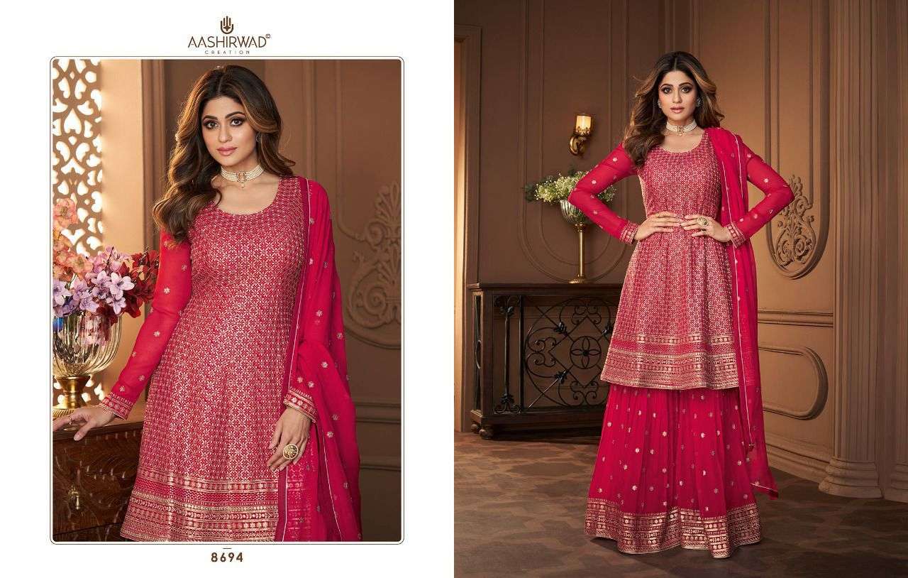AASHIRWAD CREATION HEROINE REAL GEORGETTE HEAVY EMBRODERY WORK PARTY WEAR SHARARA SUIT CATALOGUE 