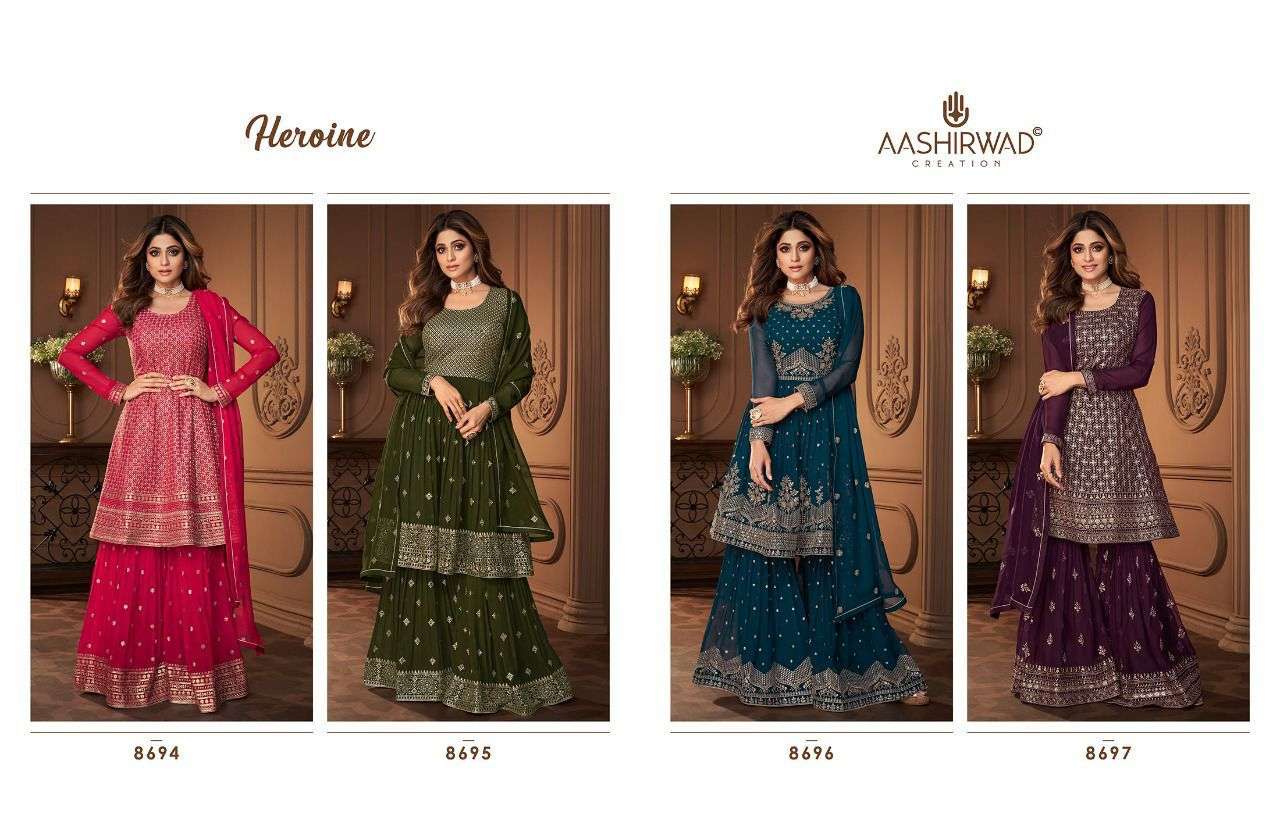 AASHIRWAD CREATION HEROINE REAL GEORGETTE HEAVY EMBRODERY WORK PARTY WEAR SHARARA SUIT CATALOGUE 