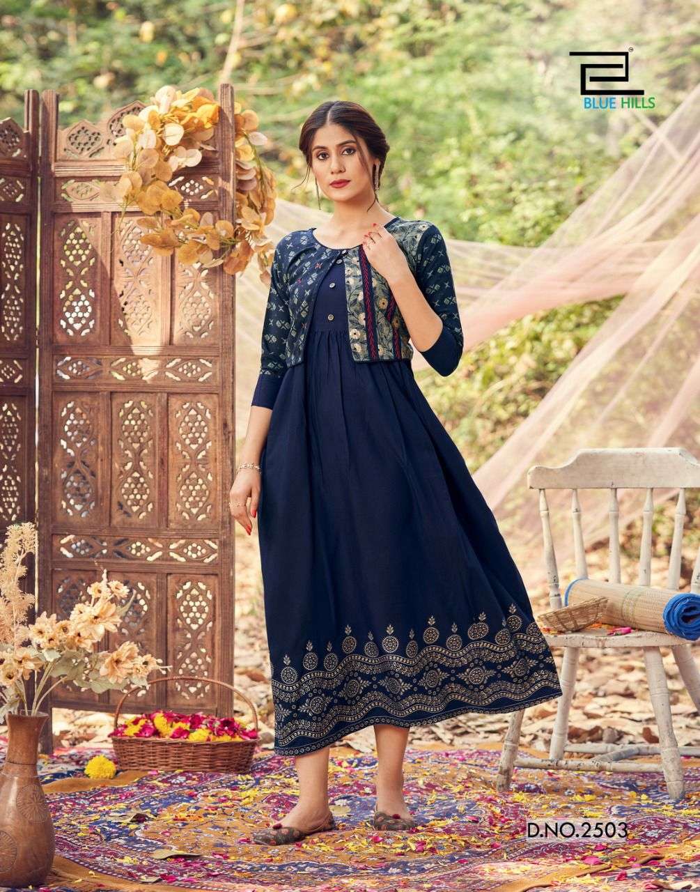 BLUE HILLS TREND VOL 25 HEAVY RAYON GOWN STYLE KURTI WITH JACKET COLLECTION  SUPPLIER IN SURAT
