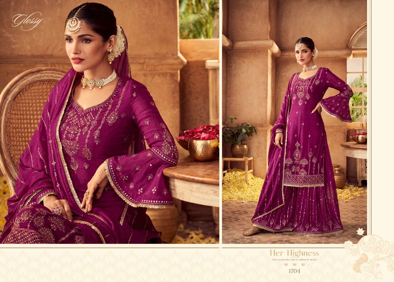 GLOSSY ANTRA HEAVY CHINON EMBRODERY PARTY WEAR SUIT LATEST CATALOGUE 