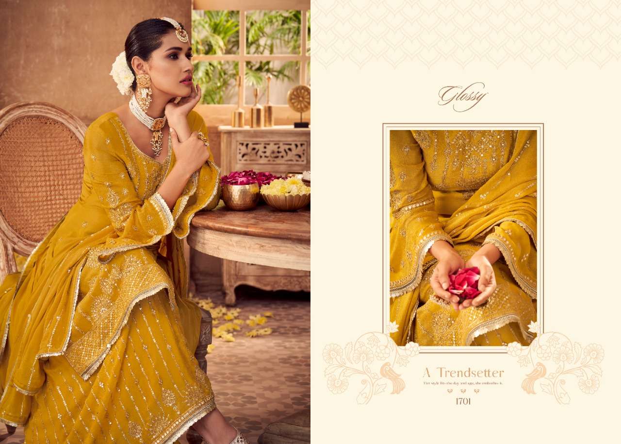 GLOSSY ANTRA HEAVY CHINON EMBRODERY PARTY WEAR SUIT LATEST CATALOGUE 