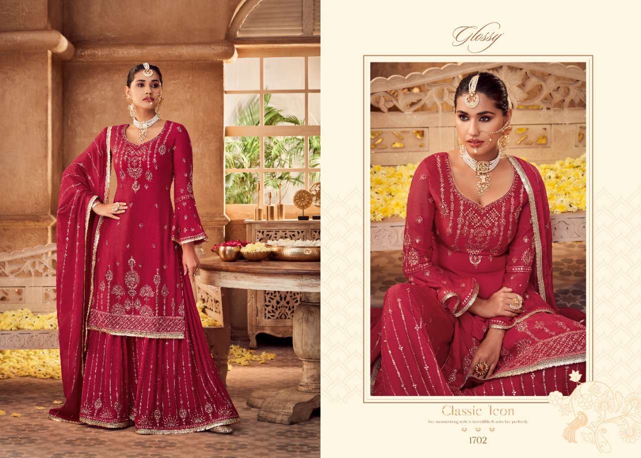 GLOSSY ANTRA HEAVY CHINON EMBRODERY PARTY WEAR SUIT LATEST CATALOGUE 