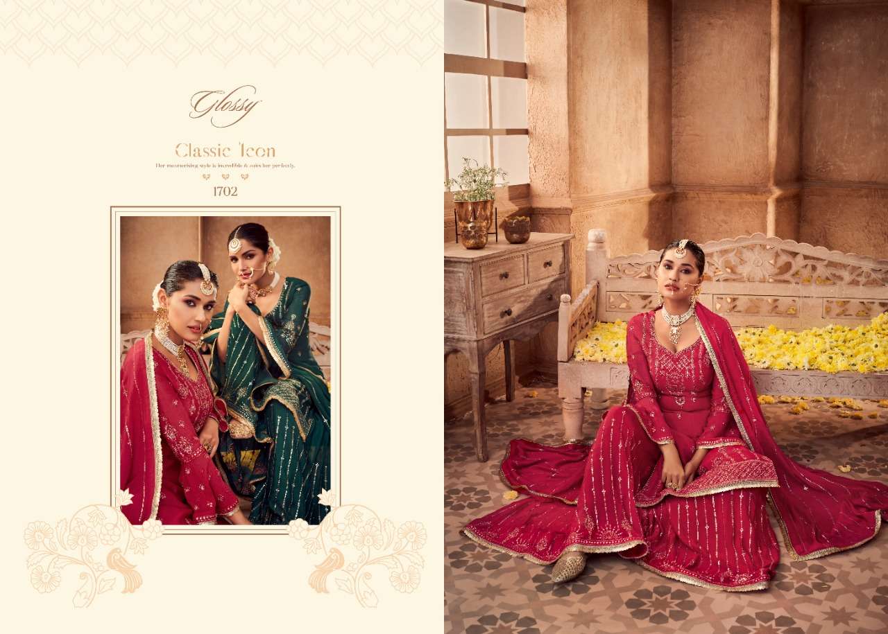 GLOSSY ANTRA HEAVY CHINON EMBRODERY PARTY WEAR SUIT LATEST CATALOGUE 