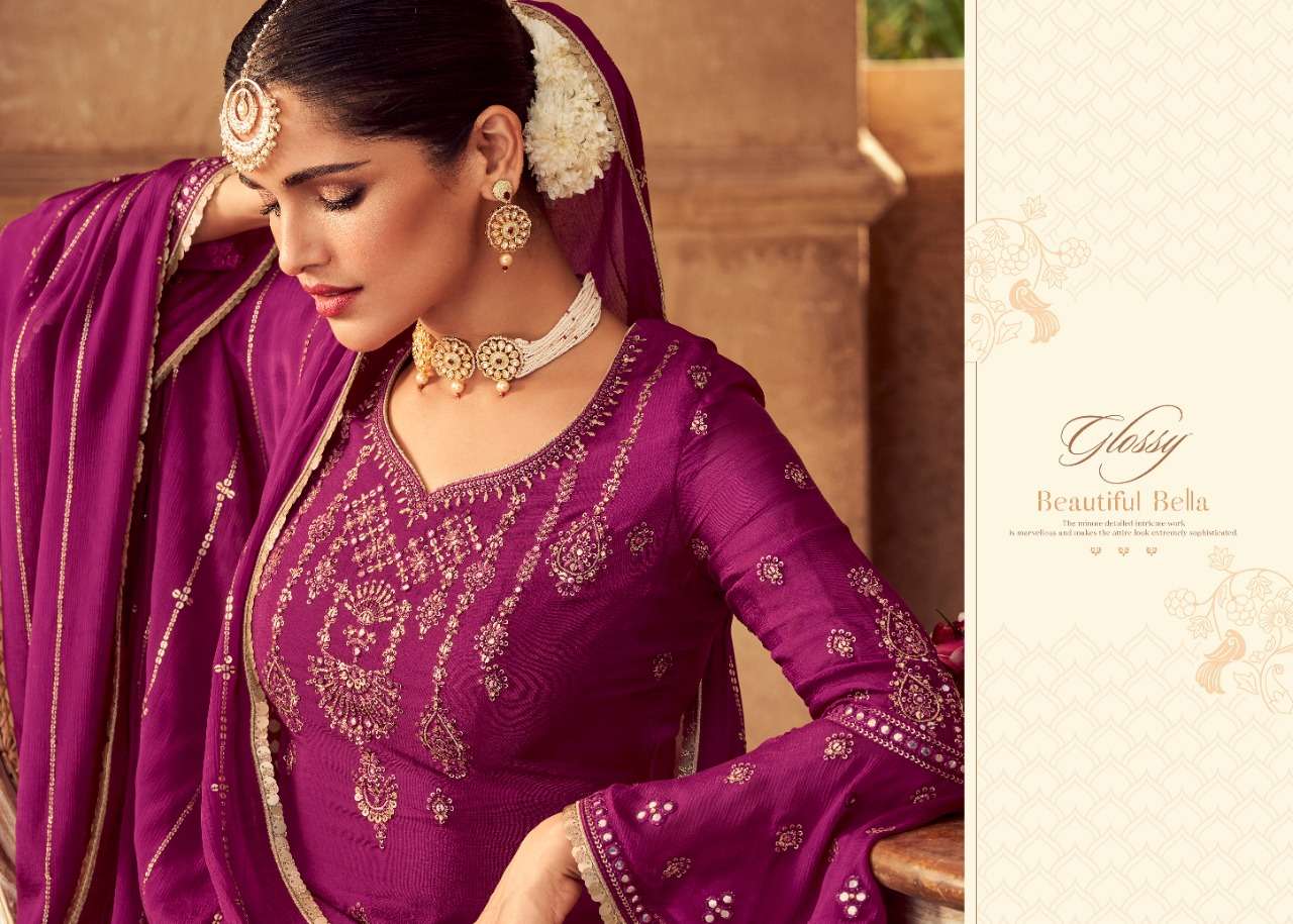 GLOSSY ANTRA HEAVY CHINON EMBRODERY PARTY WEAR SUIT LATEST CATALOGUE 