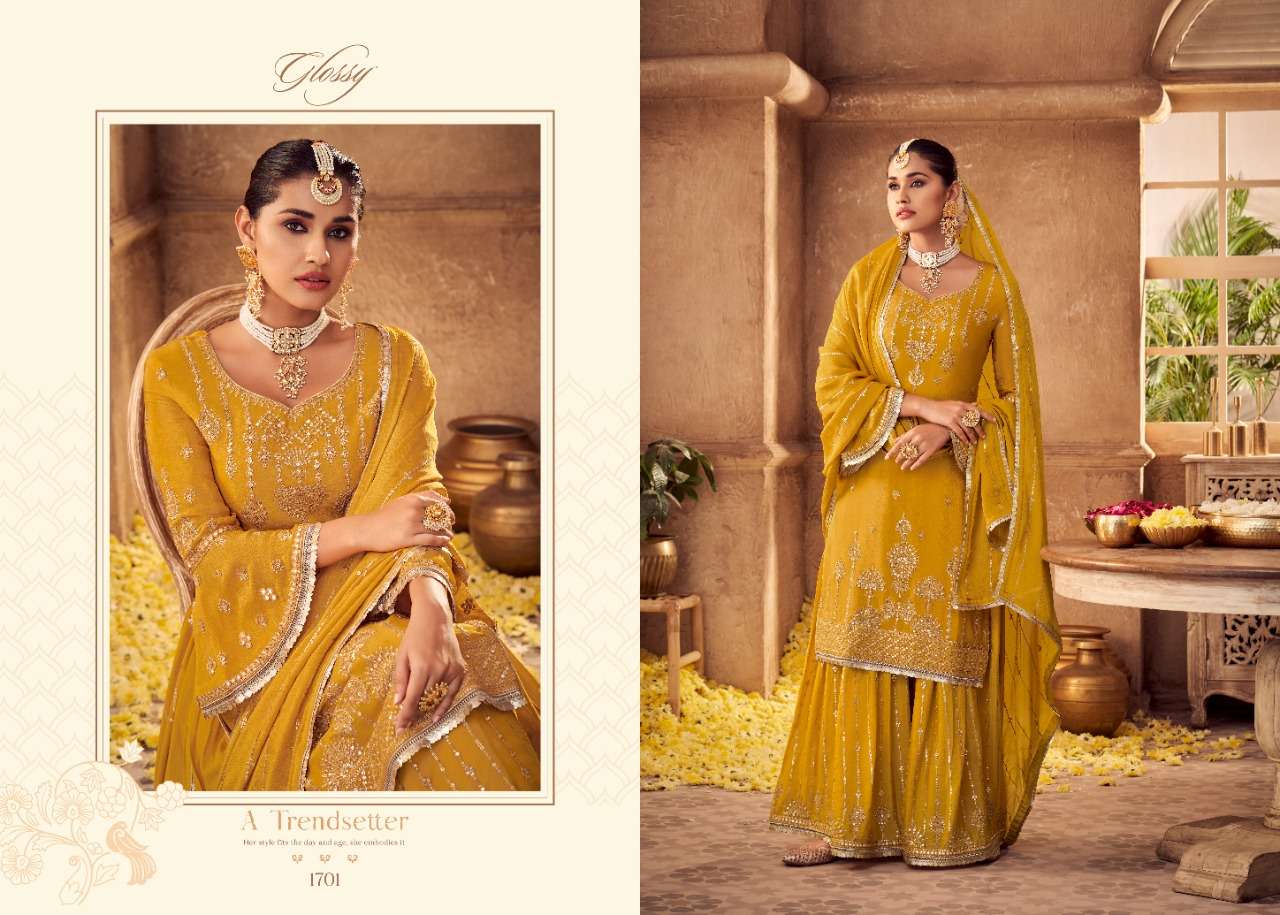 GLOSSY ANTRA HEAVY CHINON EMBRODERY PARTY WEAR SUIT LATEST CATALOGUE 