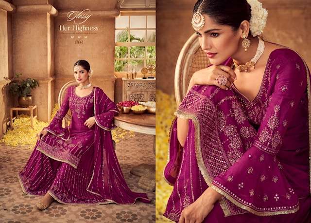 GLOSSY ANTRA HEAVY CHINON EMBRODERY PARTY WEAR SUIT LATEST CATALOGUE 
