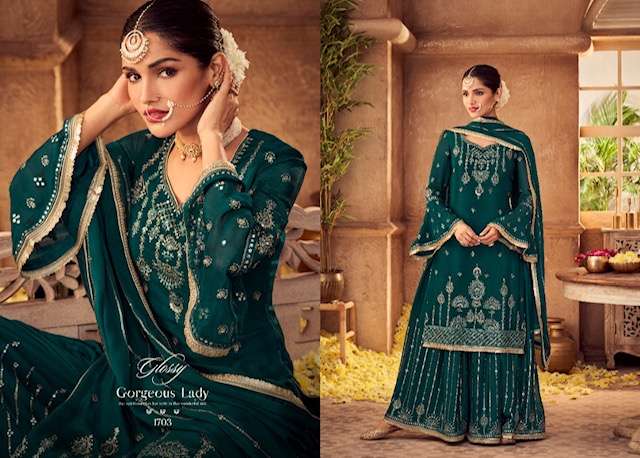 GLOSSY ANTRA HEAVY CHINON EMBRODERY PARTY WEAR SUIT LATEST CATALOGUE 