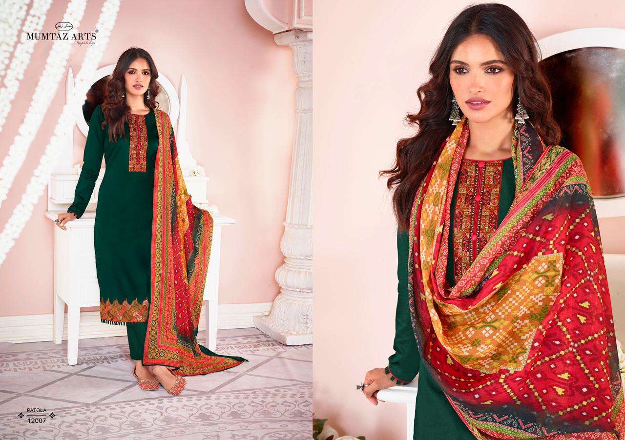 MUMTAZ ARTS PATOLA JAM SATIN DIGITAL PRINTED EMBRODERY WORK UNSTITCEHED SALWAR KAMEEZ CATALOGUE 