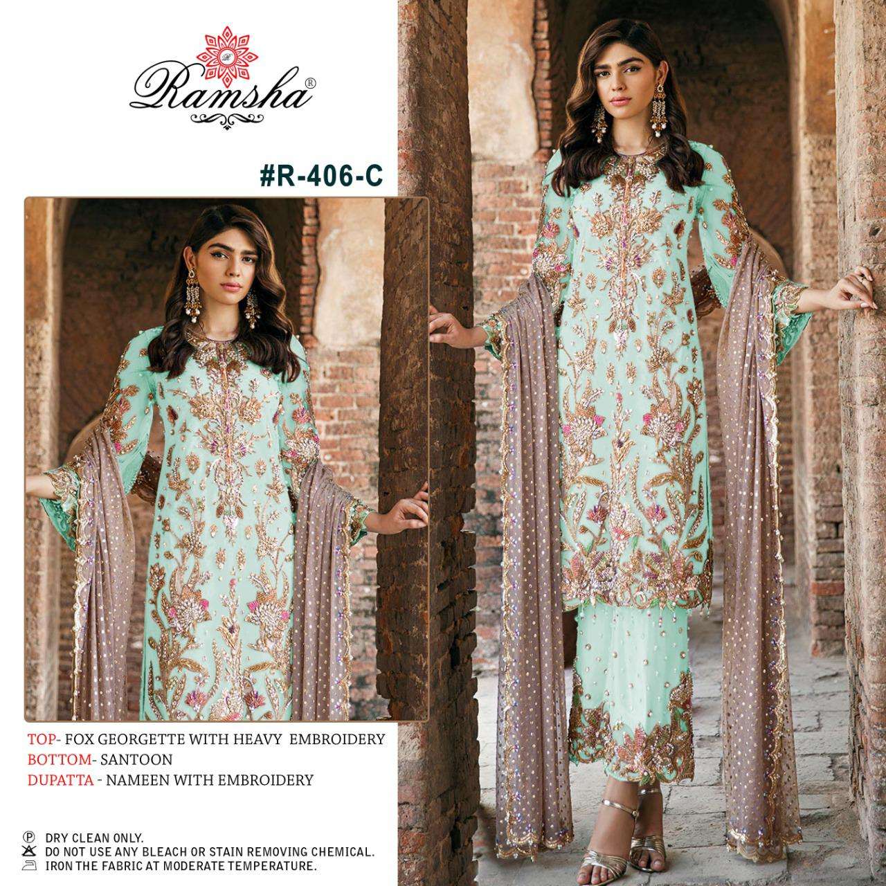   RAMSHA PRESENT R 406 NX FAUX GEORGETTE EMBRODERY WORK PAKISTANI SUIT LATEST CATALOGUE 