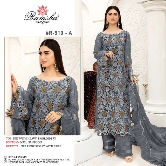 RAMSHA PRESENT R 510 NX  FAUX GEORGETTE HEAVY EMBRODERY WORK PAKISTANI SUIT WHOLESALE CATALOGUE