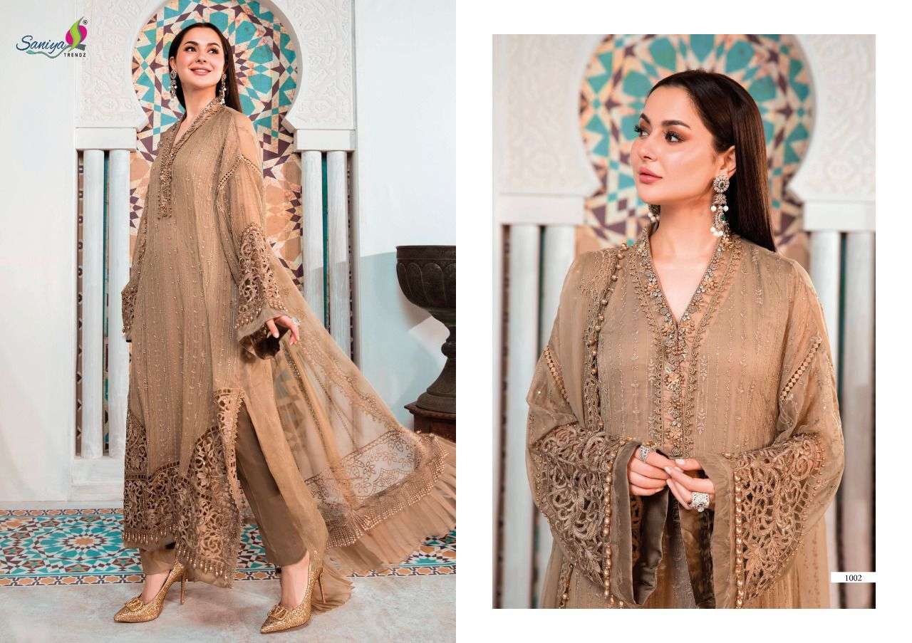 SANIYA TRENDZ MARIA B EID 22  FAUX GEORGETTE HEAVY EMBRODERY WORK PARTY WEAR PAKISTANI SUIT CATALOGUE 
