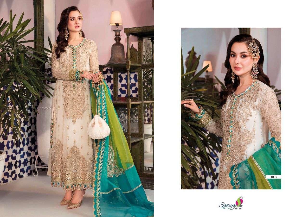 SANIYA TRENDZ MARIA B EID 22  FAUX GEORGETTE HEAVY EMBRODERY WORK PARTY WEAR PAKISTANI SUIT CATALOGUE 