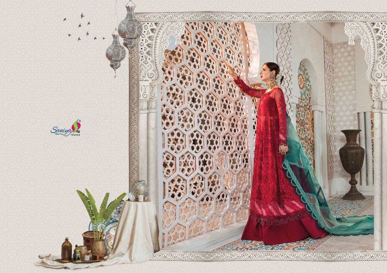 SANIYA TRENDZ MARIA B EID 22  FAUX GEORGETTE HEAVY EMBRODERY WORK PARTY WEAR PAKISTANI SUIT CATALOGUE 