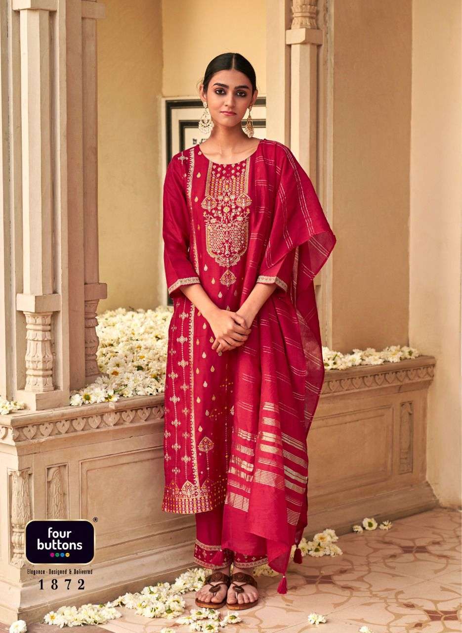 FOUR BUTTONS NAQASHI  DESIGNER HANDWORK FANCY KURTI WITH PENT AND DUPATAA COLLECTION  SUPPLIER IN SURAT MARKET 