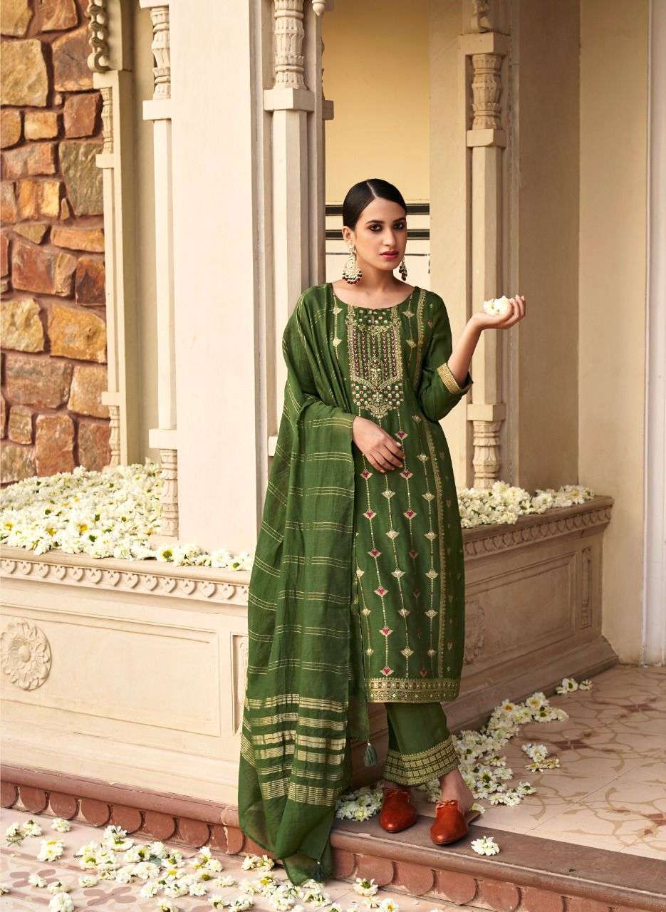 FOUR BUTTONS NAQASHI  DESIGNER HANDWORK FANCY KURTI WITH PENT AND DUPATAA COLLECTION  SUPPLIER IN SURAT MARKET 