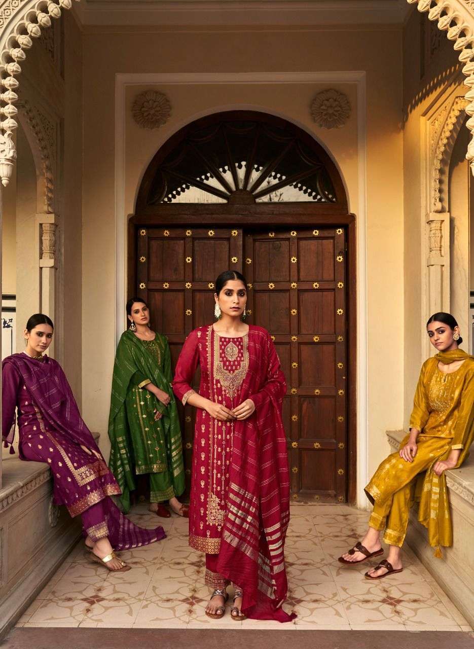 FOUR BUTTONS NAQASHI  DESIGNER HANDWORK FANCY KURTI WITH PENT AND DUPATAA COLLECTION  SUPPLIER IN SURAT MARKET 
