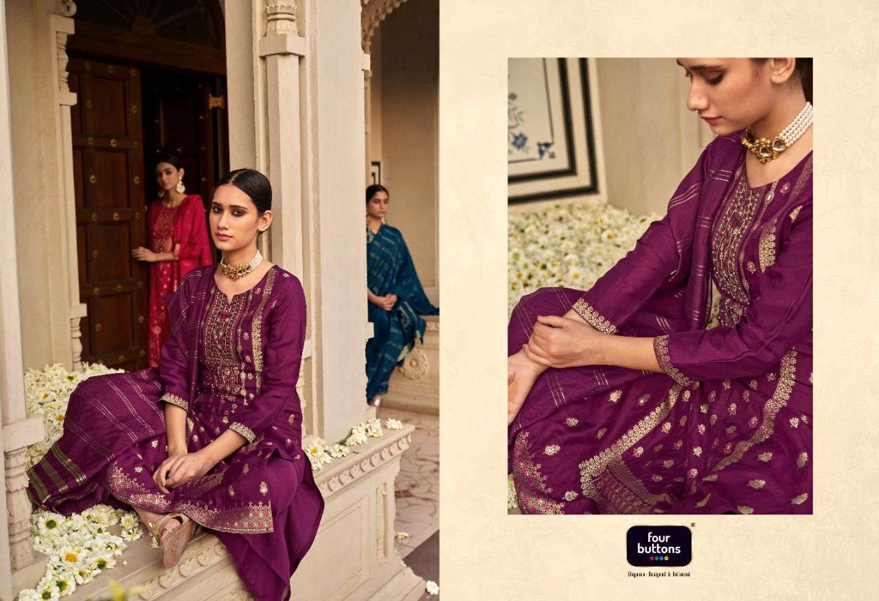 FOUR BUTTONS NAQASHI  DESIGNER HANDWORK FANCY KURTI WITH PENT AND DUPATAA COLLECTION  SUPPLIER IN SURAT MARKET 