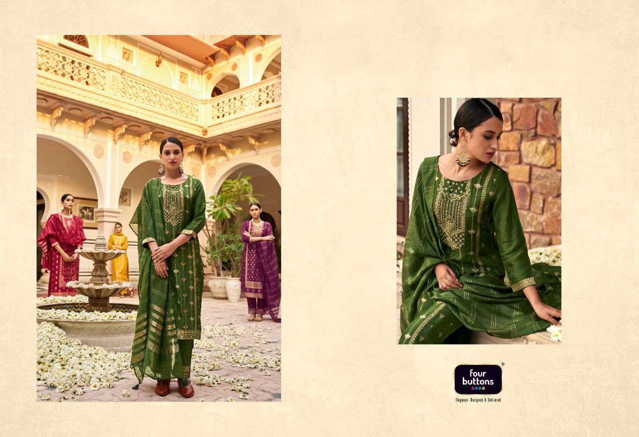 FOUR BUTTONS NAQASHI  DESIGNER HANDWORK FANCY KURTI WITH PENT AND DUPATAA COLLECTION  SUPPLIER IN SURAT MARKET 