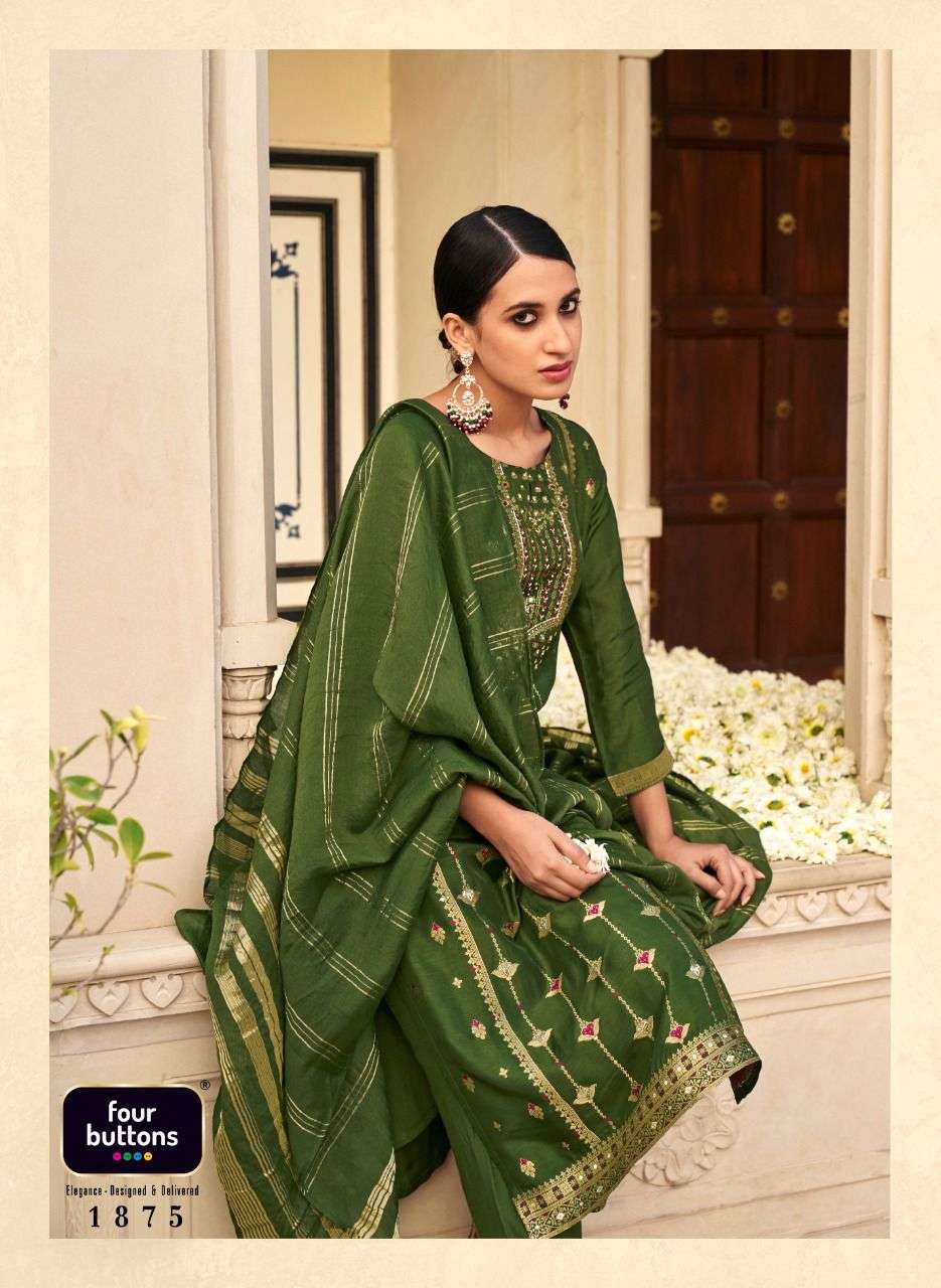 FOUR BUTTONS NAQASHI  DESIGNER HANDWORK FANCY KURTI WITH PENT AND DUPATAA COLLECTION  SUPPLIER IN SURAT MARKET 