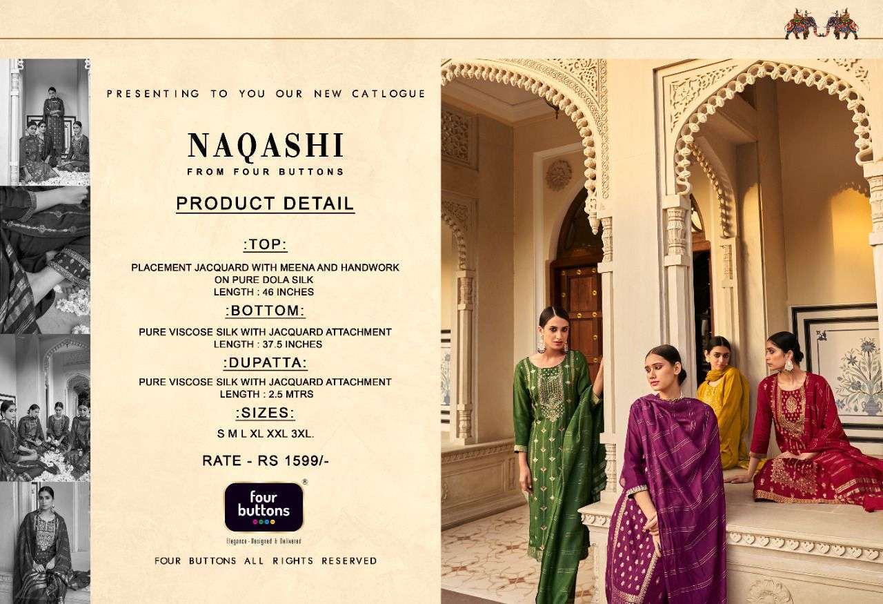 FOUR BUTTONS NAQASHI  DESIGNER HANDWORK FANCY KURTI WITH PENT AND DUPATAA COLLECTION  SUPPLIER IN SURAT MARKET 